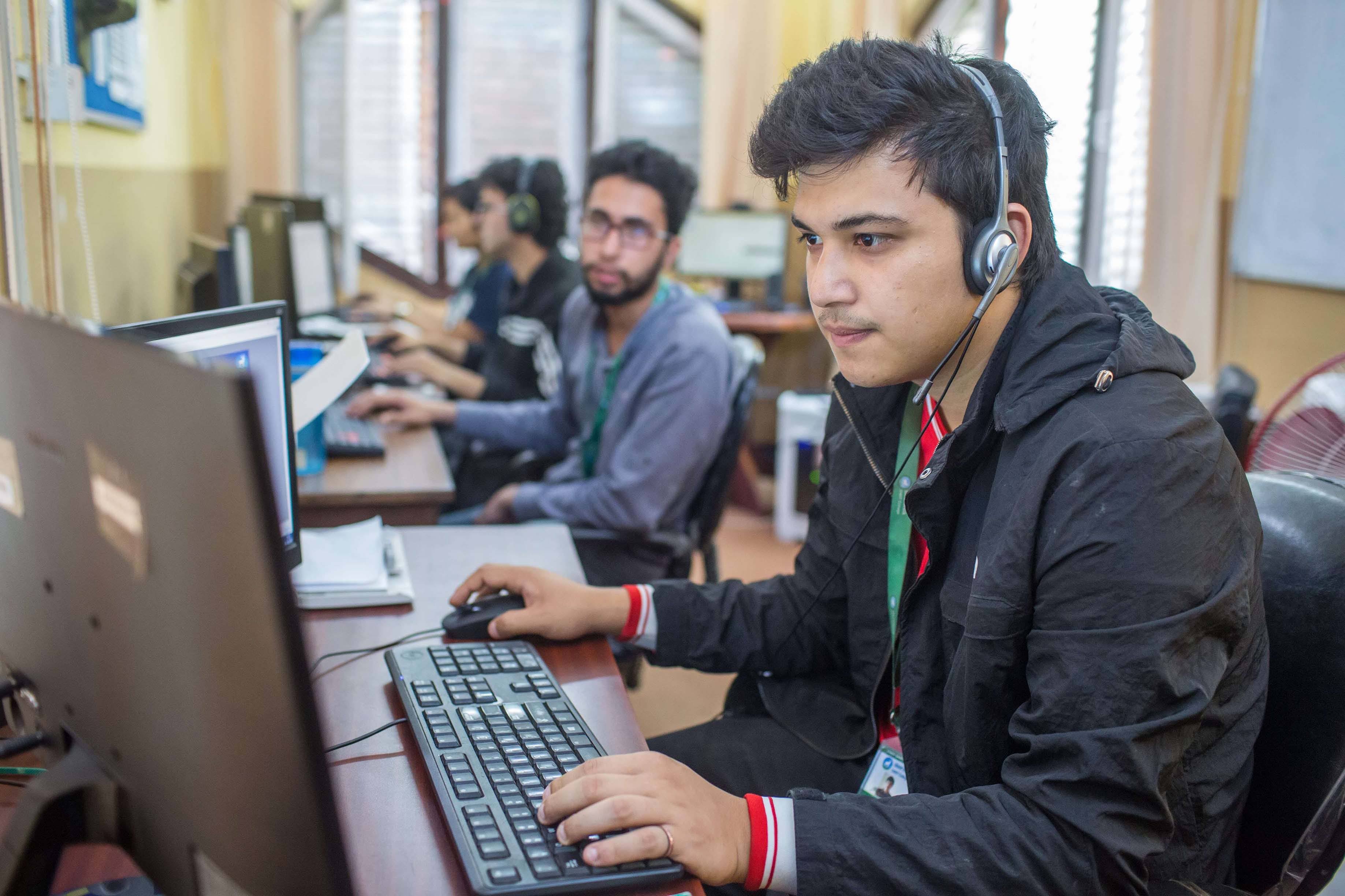 R&D workplace with interns working
